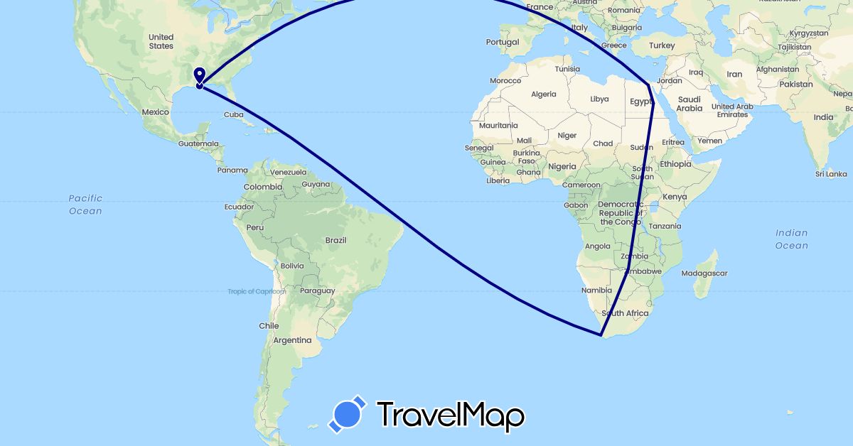 TravelMap itinerary: driving in Egypt, United States, South Africa, Zambia, Zimbabwe (Africa, North America)